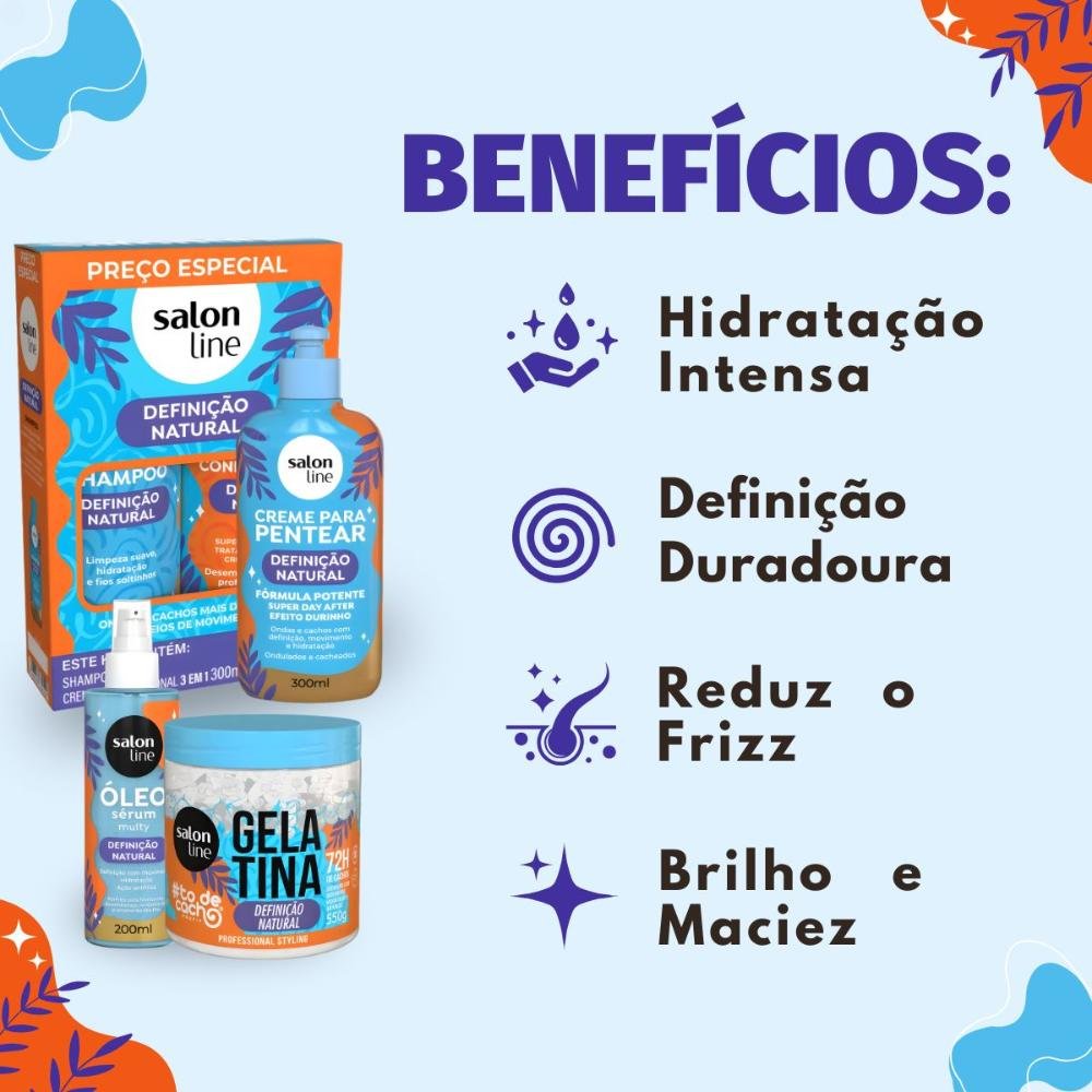 Kit Salon Line Definição Natural: Shampoo, Creme Multifuncional 300ml, Creme Para Pentear 300ml, Óleo Sérum 200ml e Gelatina Capilar 550g ÚNICO 2