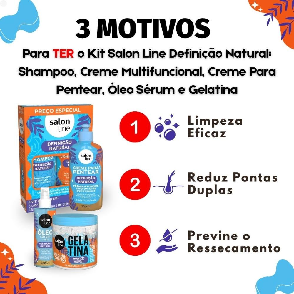 Kit Salon Line Definição Natural: Shampoo, Creme Multifuncional 300ml, Creme Para Pentear 300ml, Óleo Sérum 200ml e Gelatina Capilar 550g ÚNICO 6