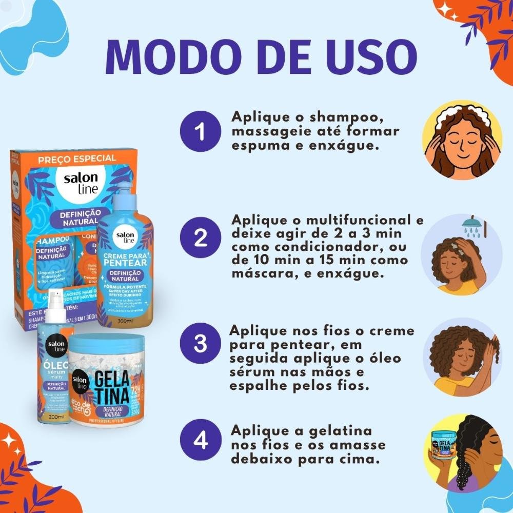 Kit Salon Line Definição Natural: Shampoo, Creme Multifuncional 300ml, Creme Para Pentear 300ml, Óleo Sérum 200ml e Gelatina Capilar 550g ÚNICO 7