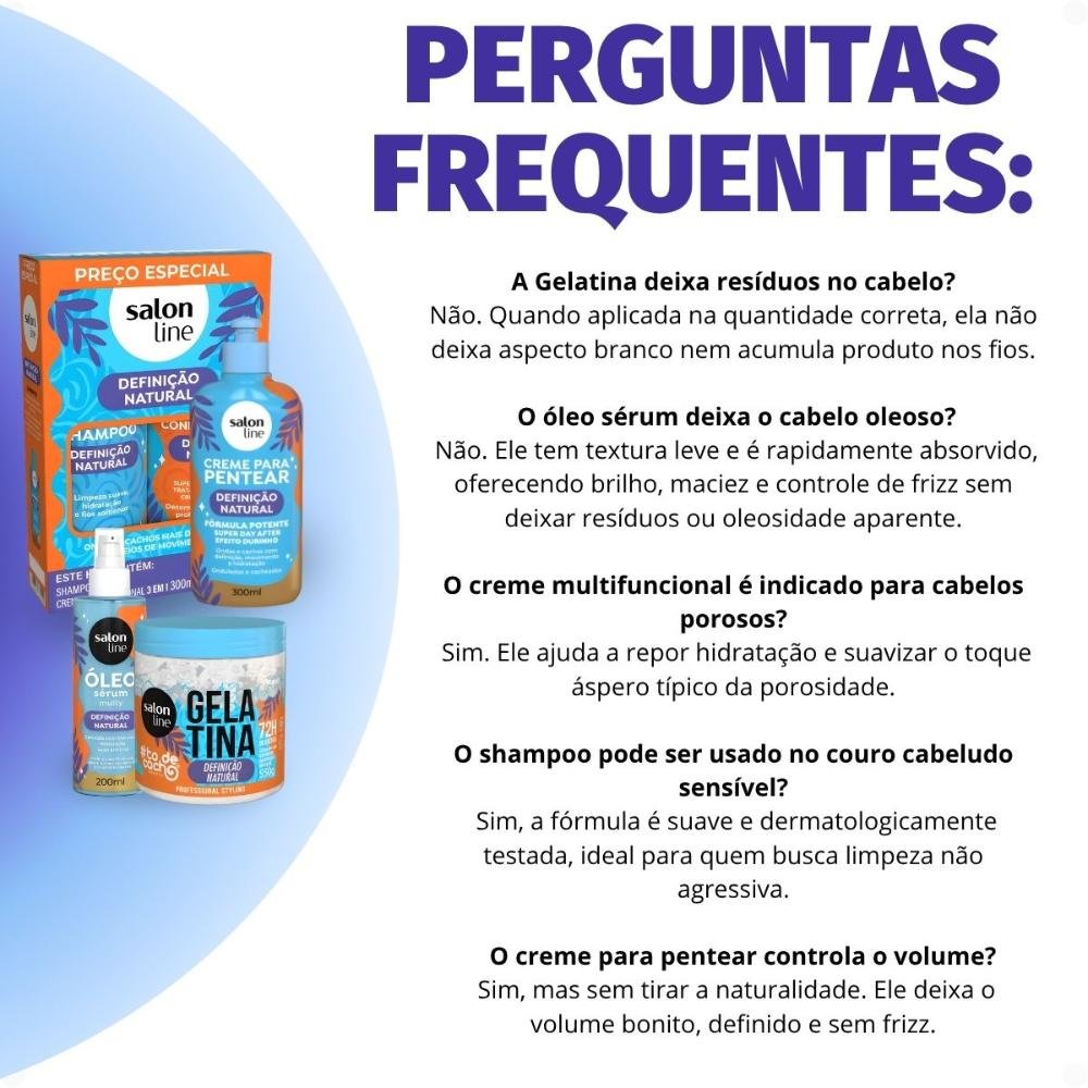 Kit Salon Line Definição Natural: Shampoo, Creme Multifuncional 300ml, Creme Para Pentear 300ml, Óleo Sérum 200ml e Gelatina Capilar 550g ÚNICO 8