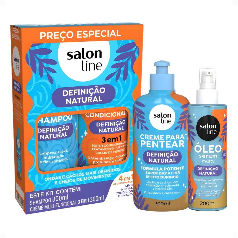 Kit Salon Line Definição Natural: Shampoo, Creme Multifuncional 300ml, Creme Para Pentear 300ml e Óleo Sérum Capilar 200ml