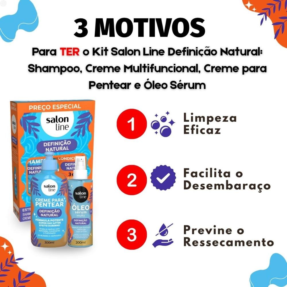 Kit Salon Line Definição Natural: Shampoo, Creme Multifuncional 300ml, Creme Para Pentear 300ml e Óleo Sérum Capilar 200ml ÚNICO 6