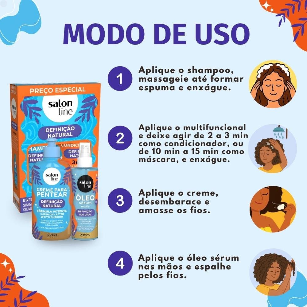 Kit Salon Line Definição Natural: Shampoo, Creme Multifuncional 300ml, Creme Para Pentear 300ml e Óleo Sérum Capilar 200ml ÚNICO 7