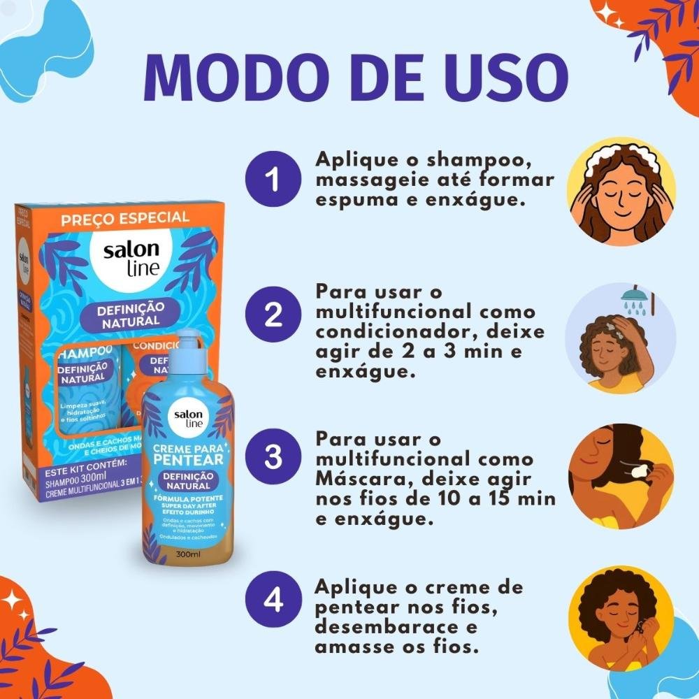Kit Salon Line Definição Natural: Shampoo, Creme Multifuncional 300ml e Creme Para Pentear 300ml ÚNICO 7