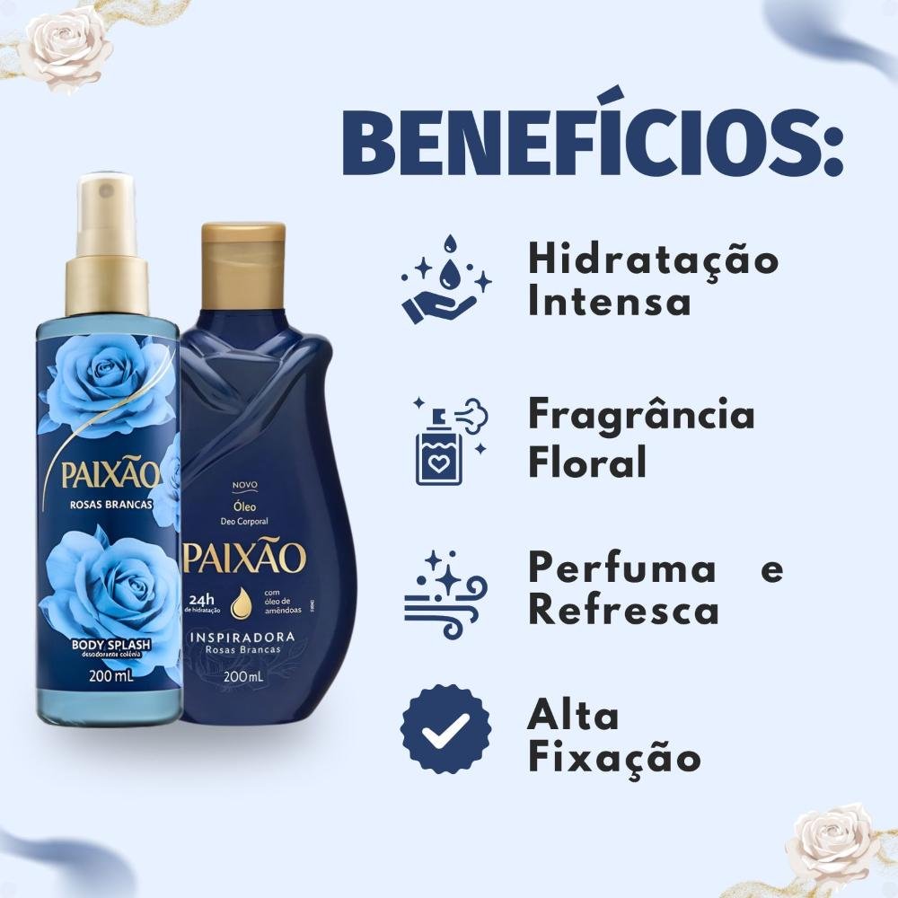 Kit Paixão Inspiradora Rosas Brancas: Óleo Corporal e Body Splash 200ml ÚNICO 5