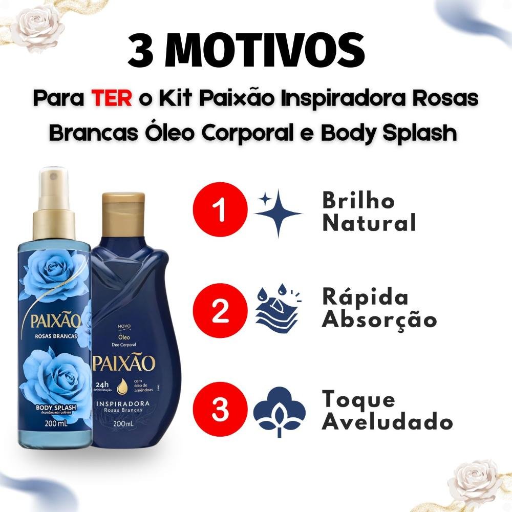 Kit Paixão Inspiradora Rosas Brancas: Óleo Corporal e Body Splash 200ml