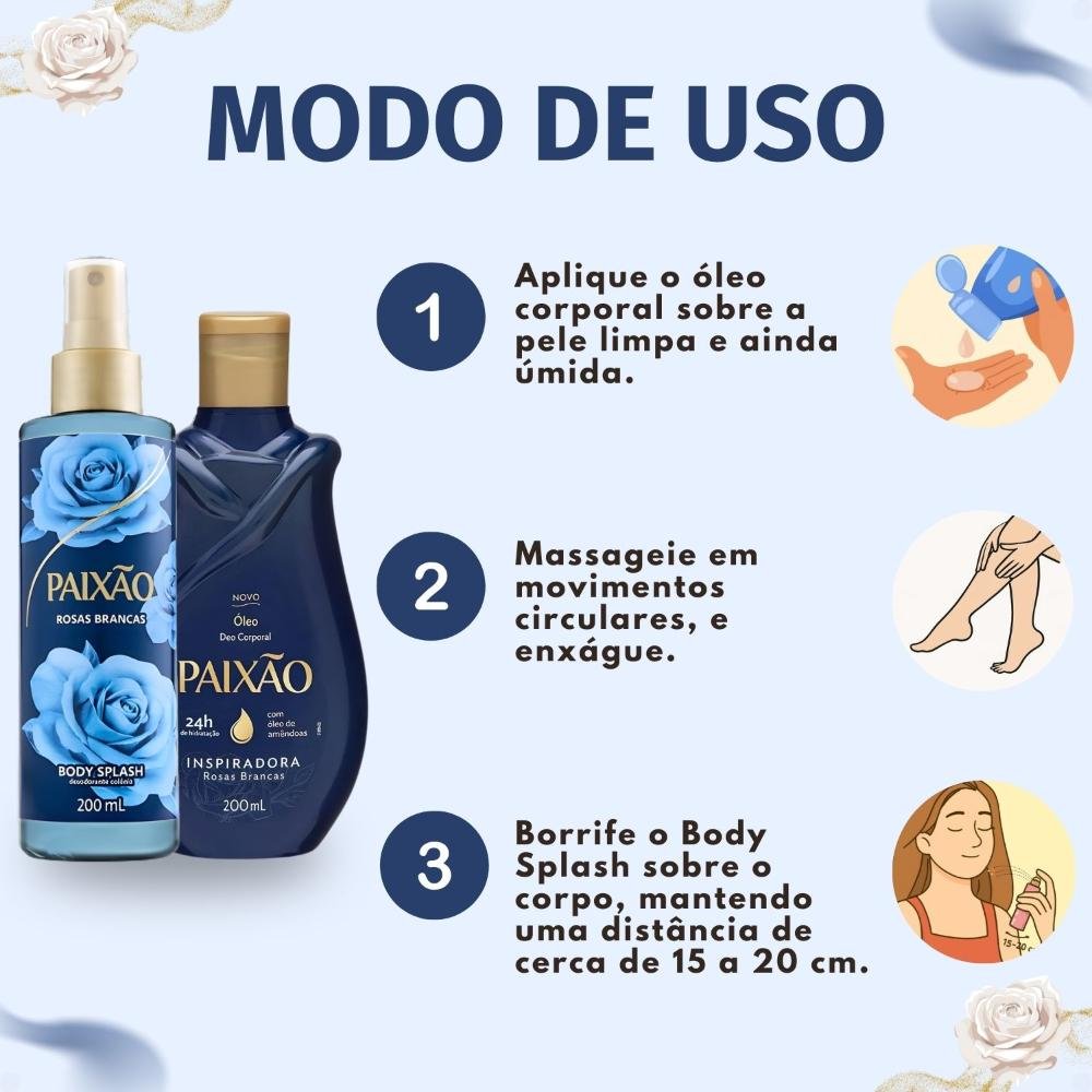 Kit Paixão Inspiradora Rosas Brancas: Óleo Corporal e Body Splash 200ml ÚNICO 2