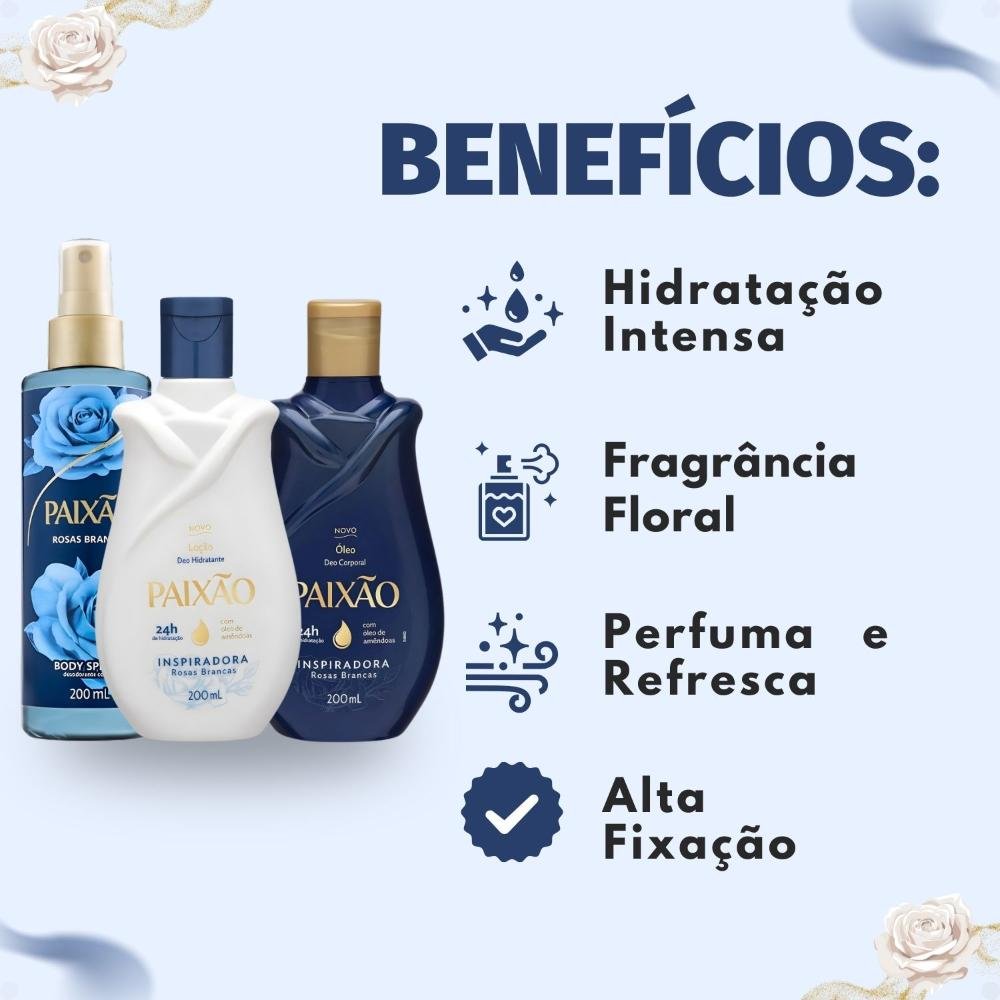 Kit Paixão Inspiradora Rosas Brancas: Loção Hidratante, Óleo Corporal e Body Splash 200ml ÚNICO 2