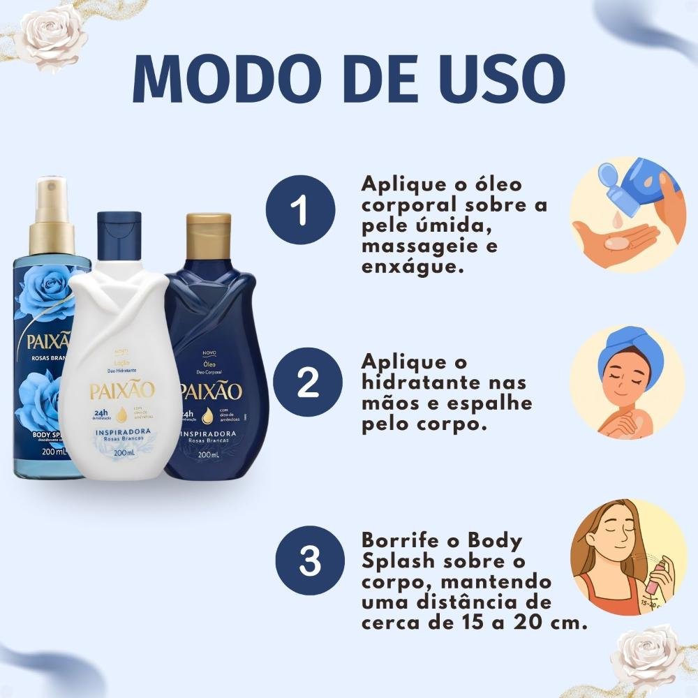 Kit Paixão Inspiradora Rosas Brancas: Loção Hidratante, Óleo Corporal e Body Splash 200ml ÚNICO 5