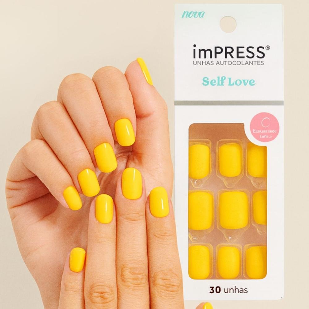 Unhas Autocolantes Kiss New York Quadrado Curto Caution Imc02b Amarelo 3