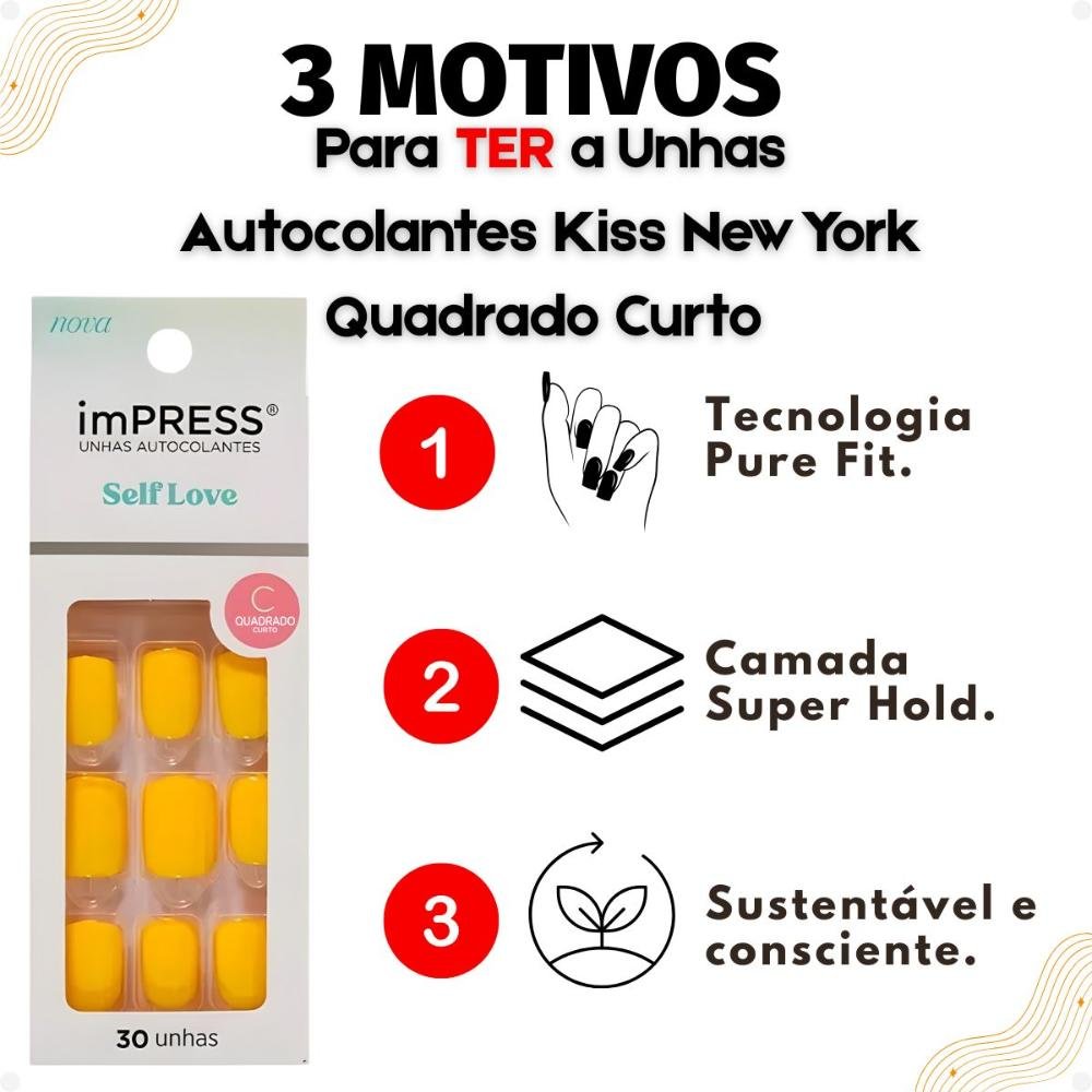 Unhas Autocolantes Kiss New York Quadrado Curto Caution Imc02b Amarelo 4