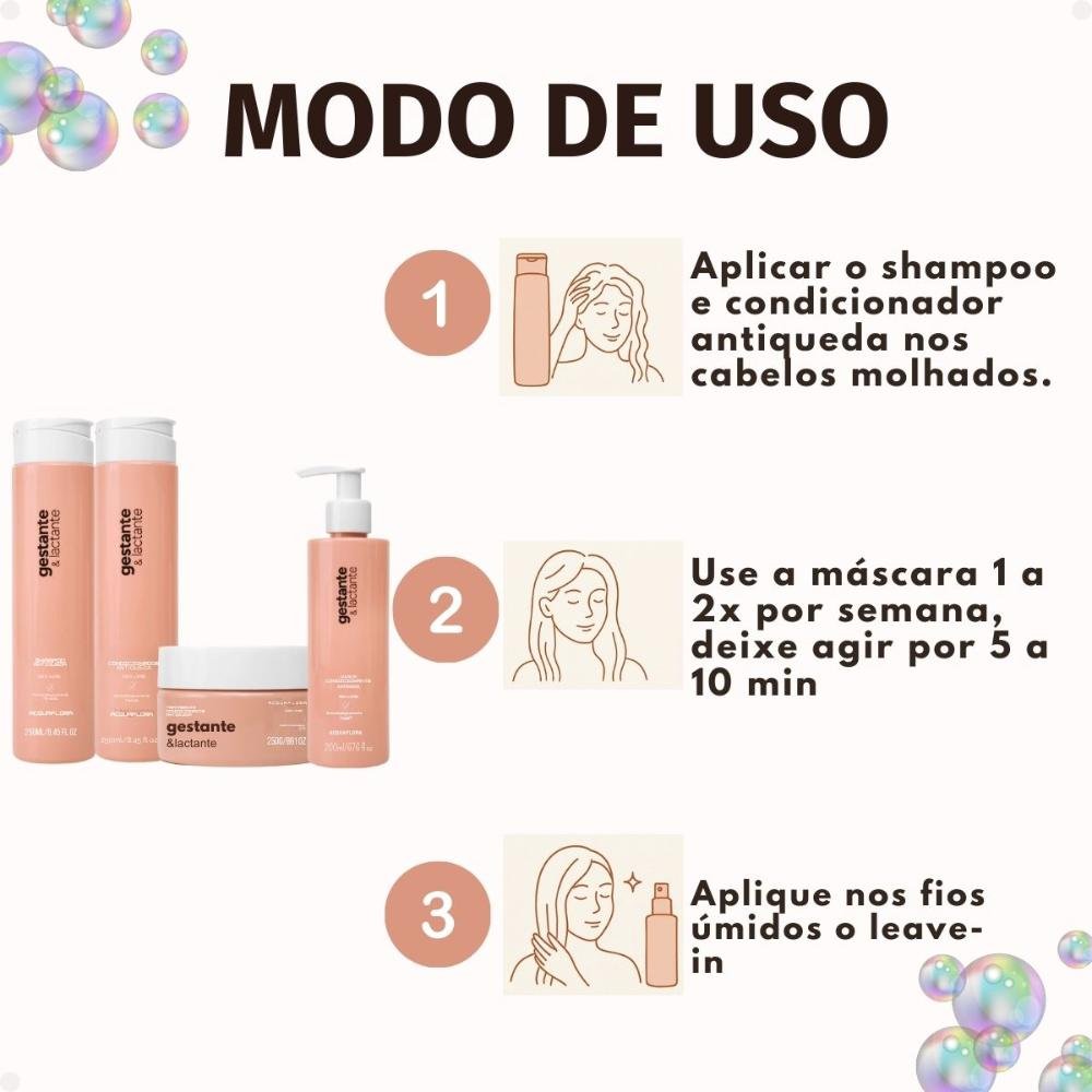Kit Acquaflora Gestante e Lactante Antiqueda: Shampoo, Condicionador 250ml, Máscara Capilar 250g e Leave-in 200ml ÚNICO 5