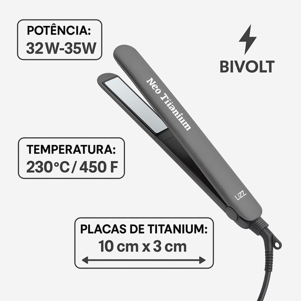 Prancha Lizz Neo Titanium Cinza 230°C Bivolt + Mimo Bivolt 6