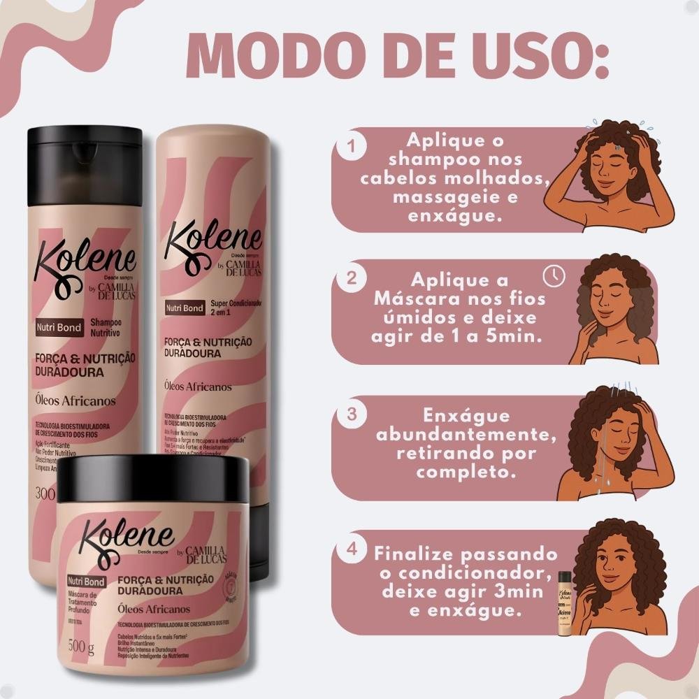 Kit Kolene By Camilla De Luccas Nutri Bond: Shampoo, Condicionador 300ml e Máscara 500g ÚNICO 6