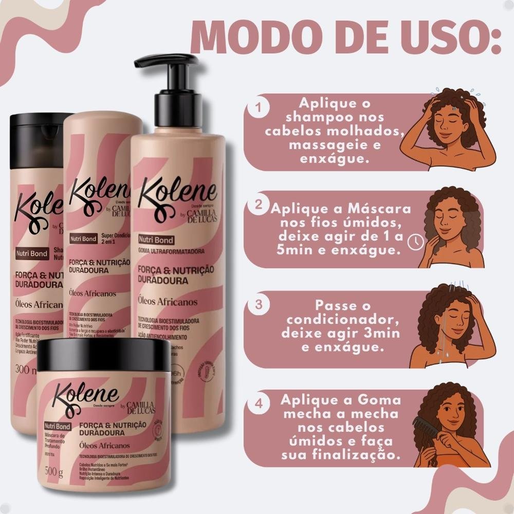 Kit Kolene By Camilla De Luccas Nutri Bond: Shampoo, Condicionador 300ml, Máscara 500g e Goma Capilar 500ml ÚNICO 6