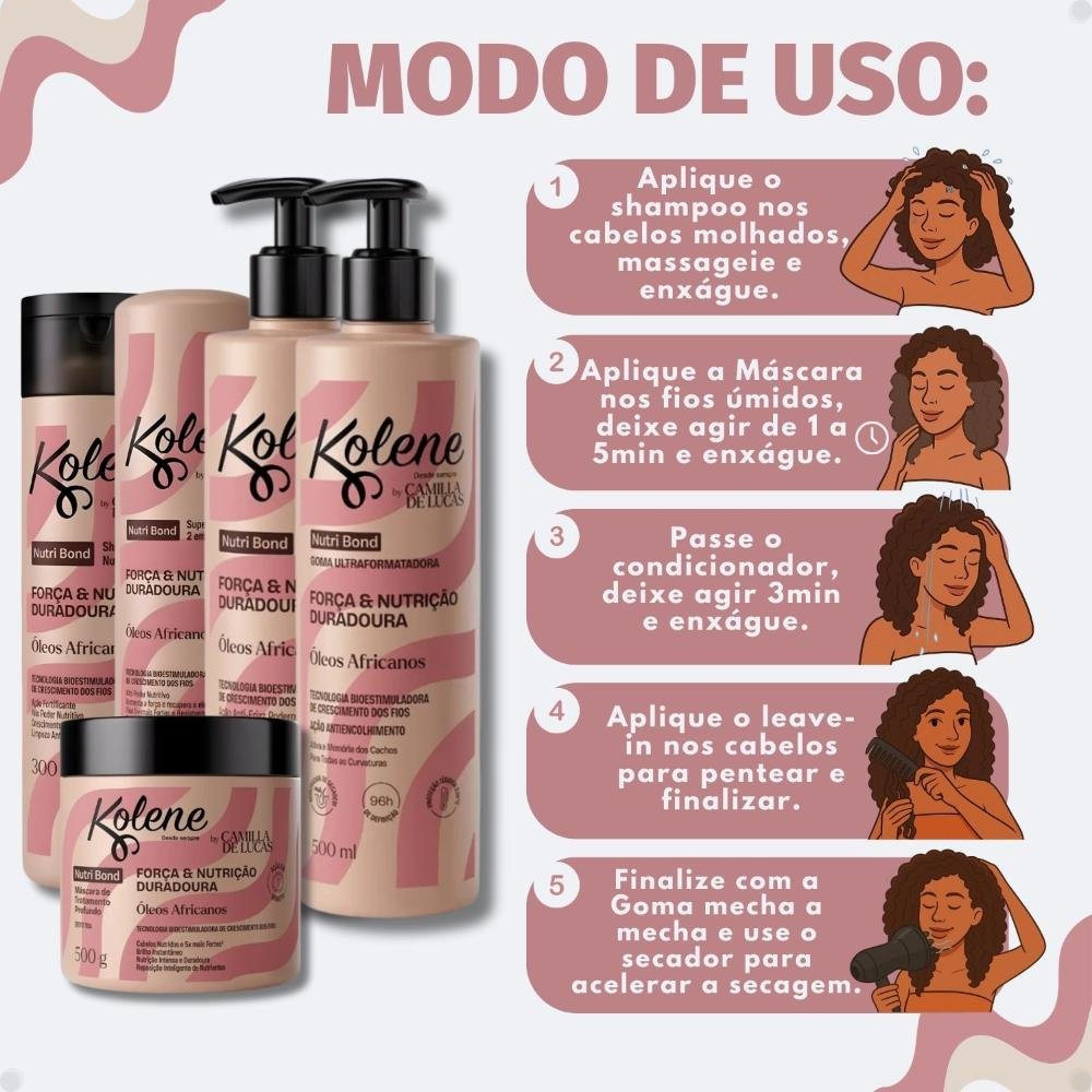 Kit Kolene By Camilla De Luccas Nutri Bond: Shampoo, Condicionador 300ml, Máscara 500g, Leave-in 500ml e Goma Capilar 500ml ÚNICO 6
