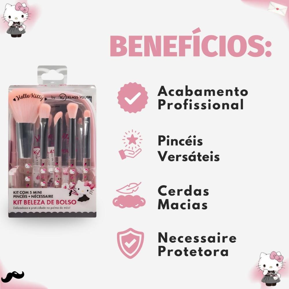 Kit com 5 Mini Pincéis e Necessaire Hello Kitty by Klass Vough ÚNICO 2