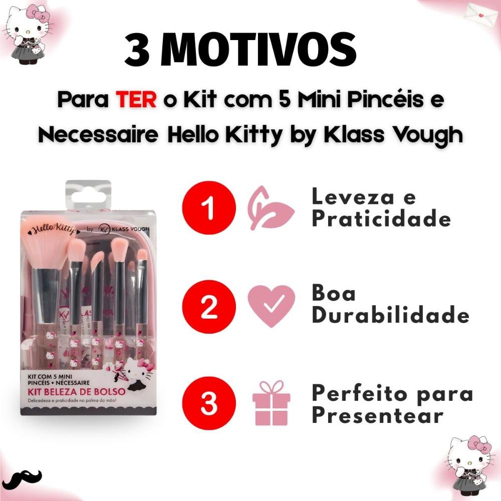 Kit com 5 Mini Pincéis e Necessaire Hello Kitty by Klass Vough ÚNICO 5