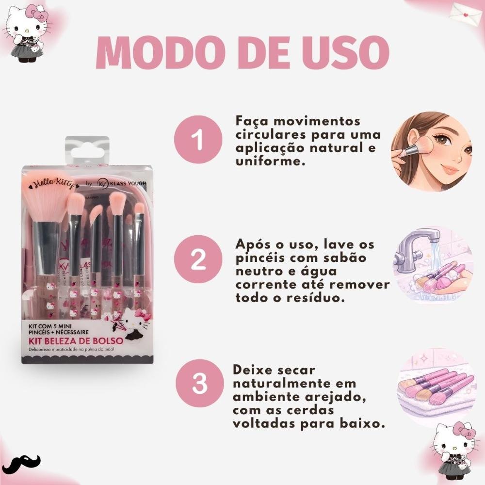 Kit com 5 Mini Pincéis e Necessaire Hello Kitty by Klass Vough ÚNICO 6