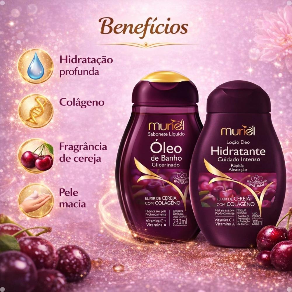 Kit Muriel Elixir De Cereja Com Colágeno: Sabonete Óleo De Banho 230ml e Loção Deo Hidratante 200ml ÚNICO 2