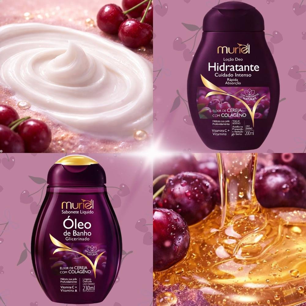 Kit Muriel Elixir De Cereja Com Colágeno: Sabonete Óleo De Banho 230ml e Loção Deo Hidratante 200ml ÚNICO 4