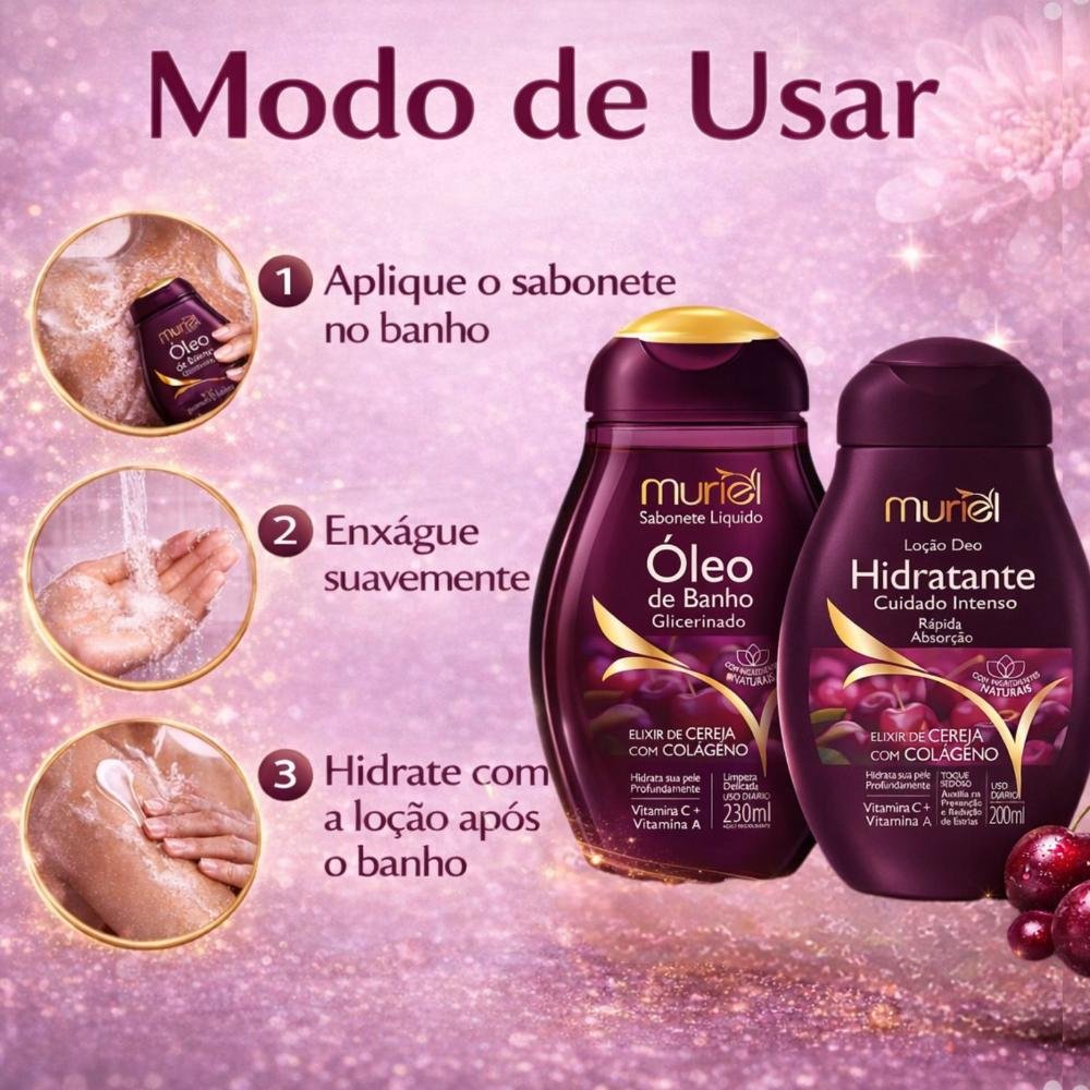 Kit Muriel Elixir De Cereja Com Colágeno: Sabonete Óleo De Banho 230ml e Loção Deo Hidratante 200ml ÚNICO 6