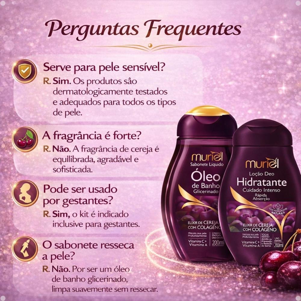 Kit Muriel Elixir De Cereja Com Colágeno: Sabonete Óleo De Banho 230ml e Loção Deo Hidratante 200ml ÚNICO 7