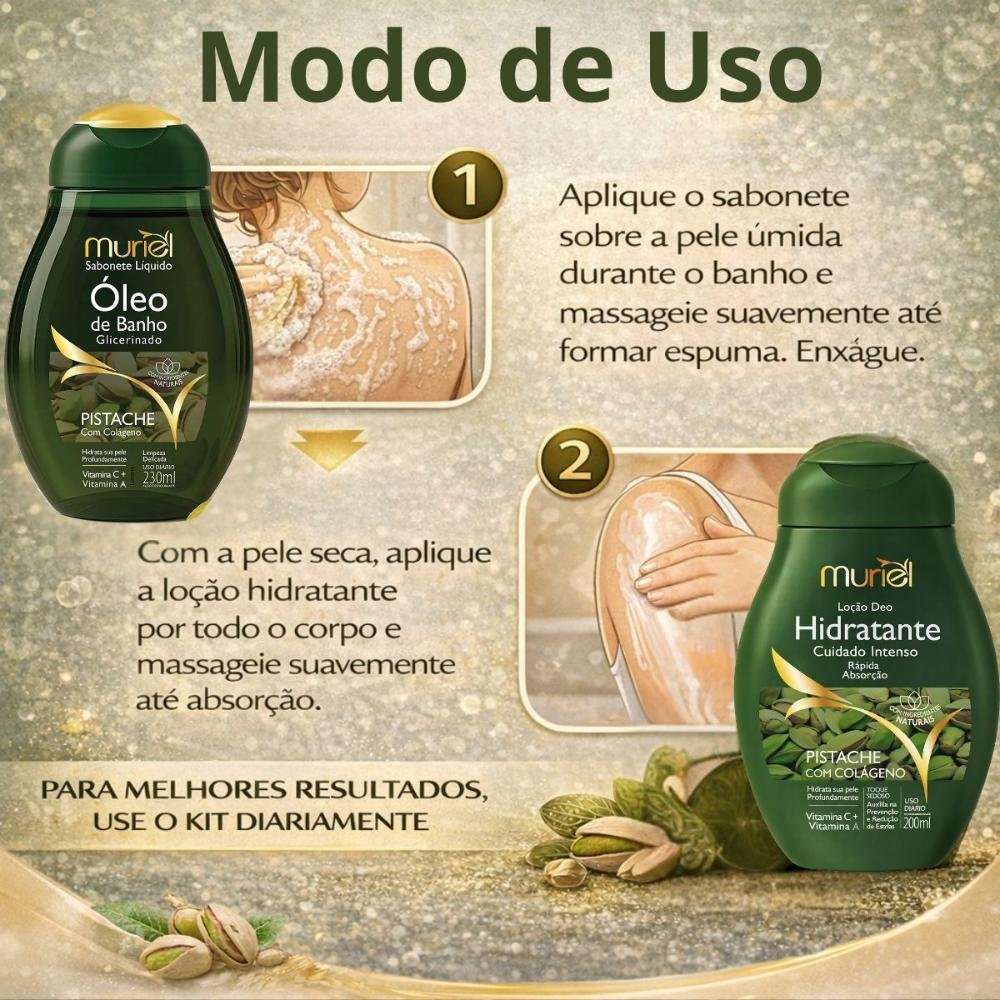 Kit Muriel Pistache Com Colágeno: Sabonete Óleo De Banho 230ml e Loção Deo Hidratante 200ml ÚNICO 6