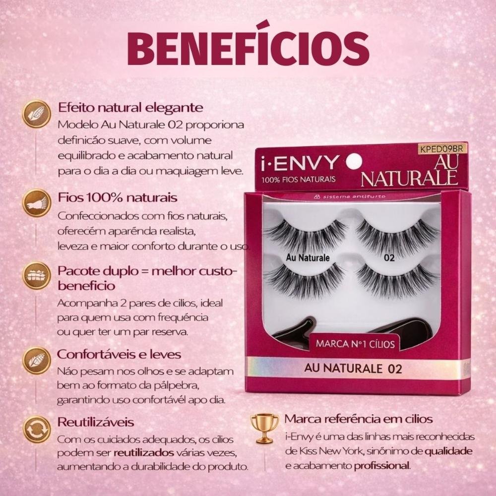 2 pares de Cílios e 1 aplicador Kiss New York Au Naturale 02 KPED09BR Preto 2