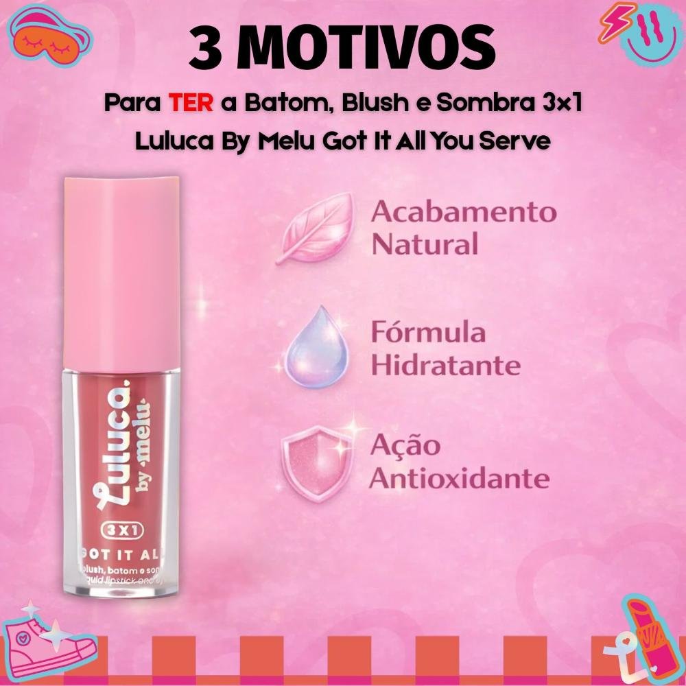Batom, Blush e Sombra 3x1 Luluca By Melu Got It All You Serve Rr-M1007-3 Cor M1007-3 5