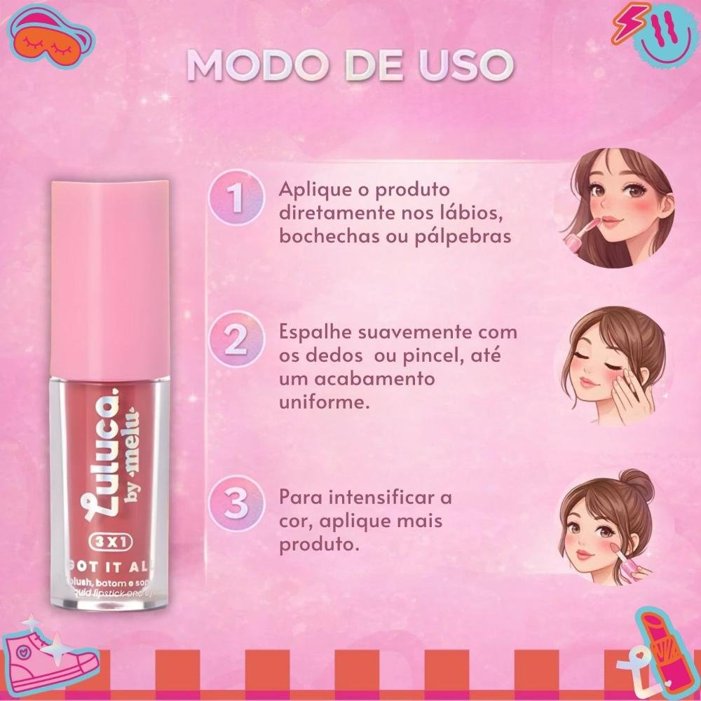 Batom, Blush e Sombra 3x1 Luluca By Melu Got It All You Serve Rr-M1007-3 Cor M1007-3 6