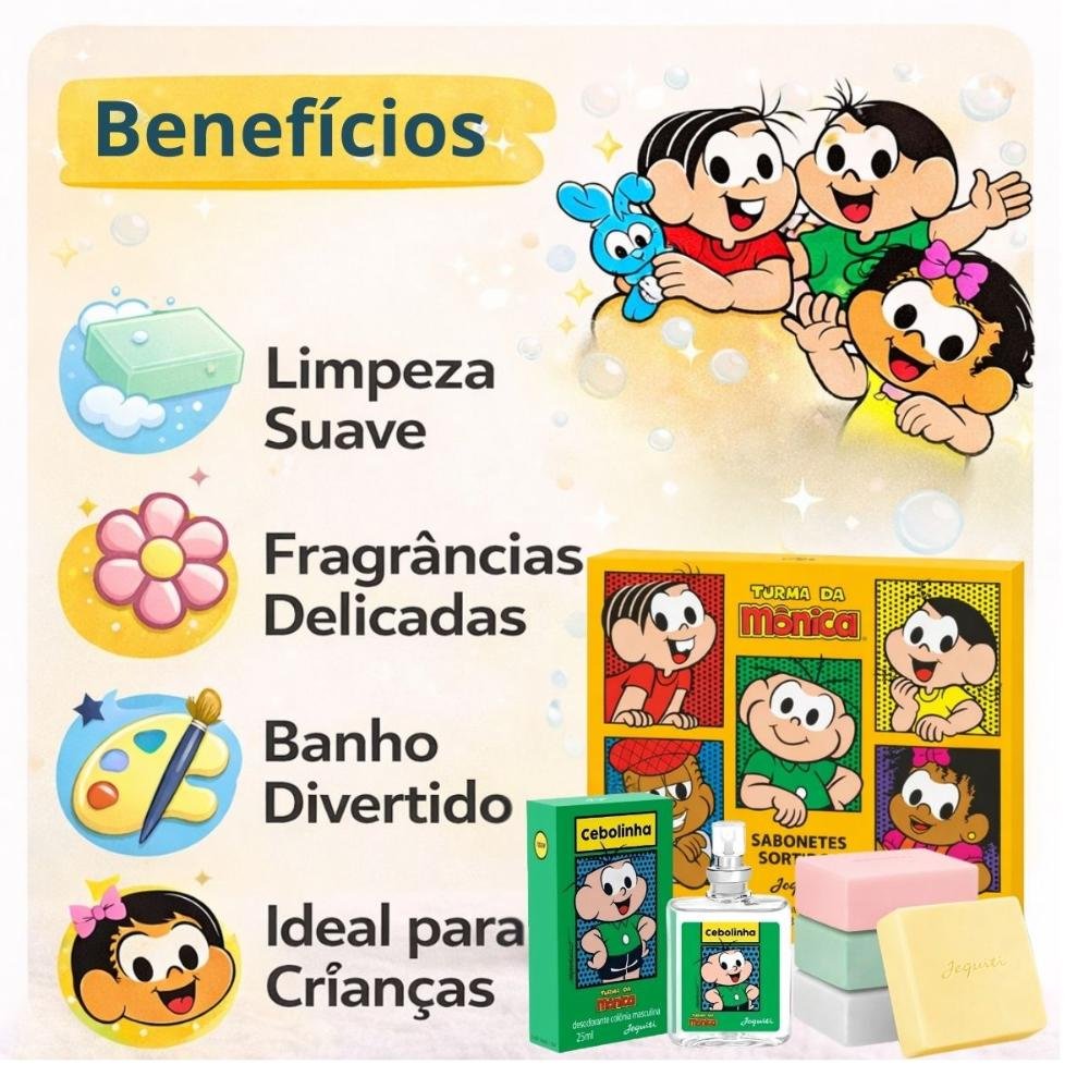 Kit Jequiti Turma Da Mônica: 4 Sabonetes Sortidos + Desodorante Colônia Cebolinha 25ml ÚNICO 2