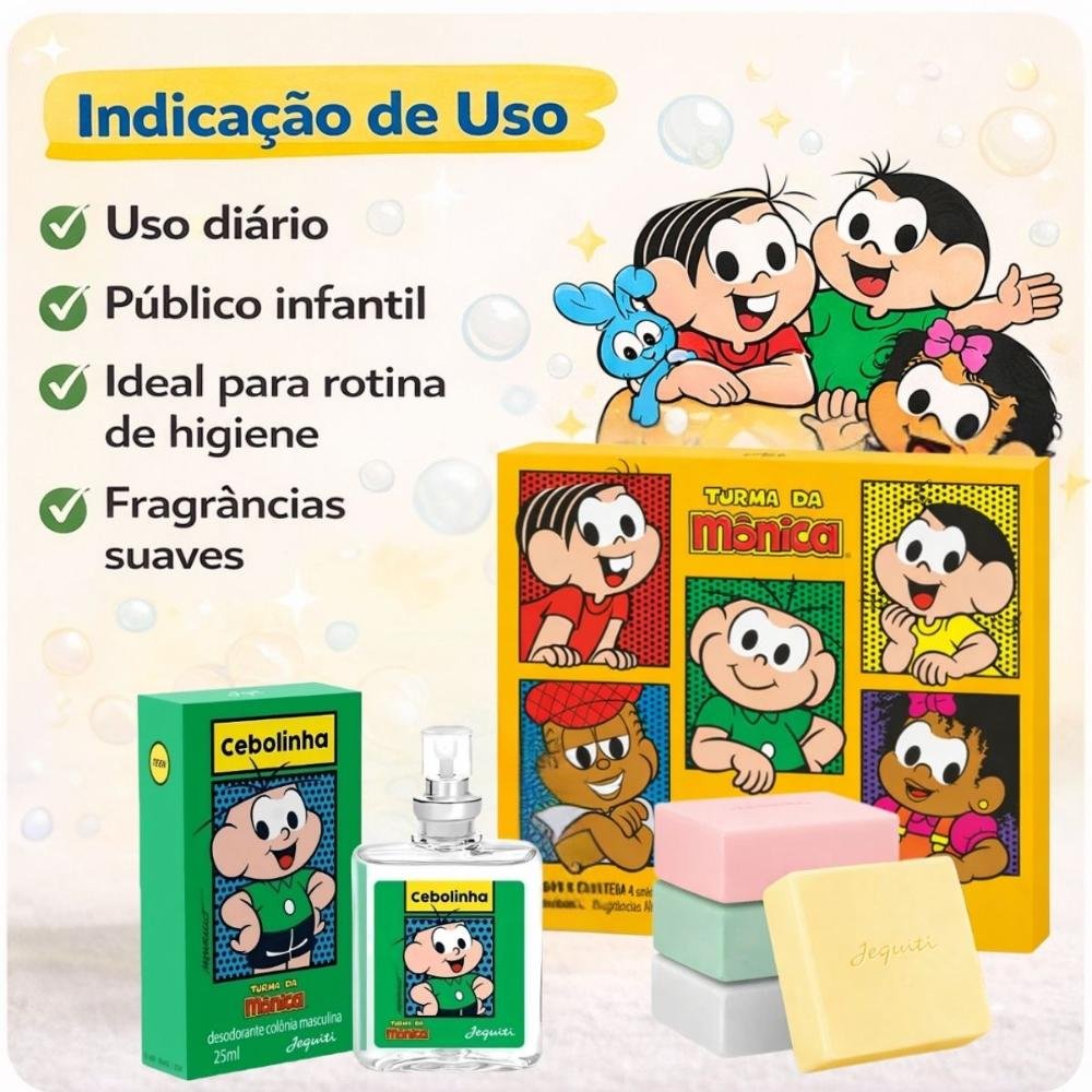 Kit Jequiti Turma Da Mônica: 4 Sabonetes Sortidos + Desodorante Colônia Cebolinha 25ml ÚNICO 4