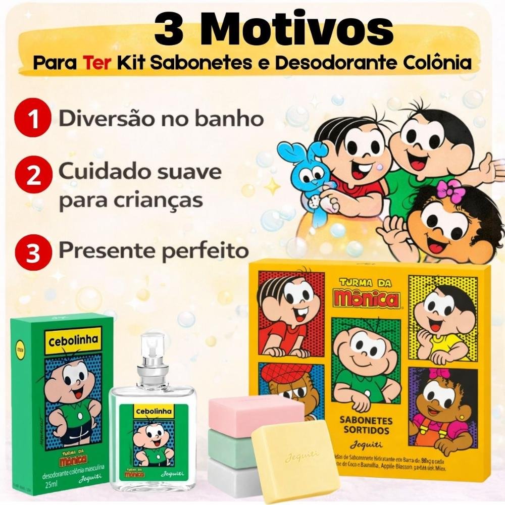 Kit Jequiti Turma Da Mônica: 4 Sabonetes Sortidos + Desodorante Colônia Cebolinha 25ml ÚNICO 5