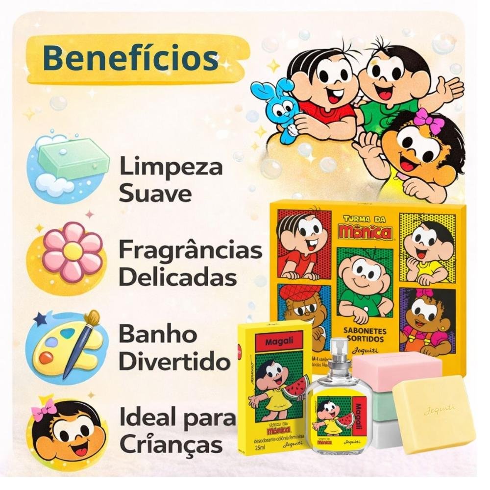 Kit Jequiti Turma Da Mônica: 4 Sabonetes Sortidos + Desodorante Colônia Magali 25ml ÚNICO 2