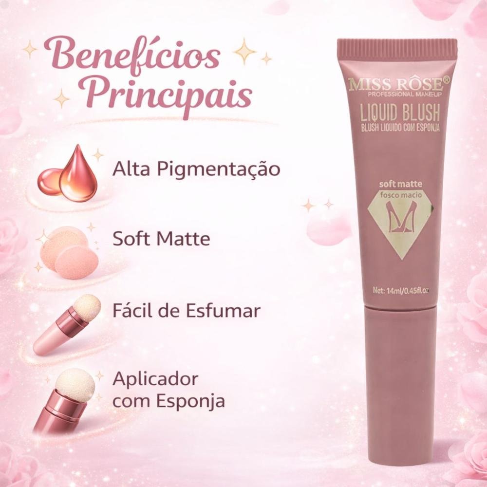 Blush Líquido Com Esponja Miss Rôse Fosco Macio 01 14ml Cor 01 2