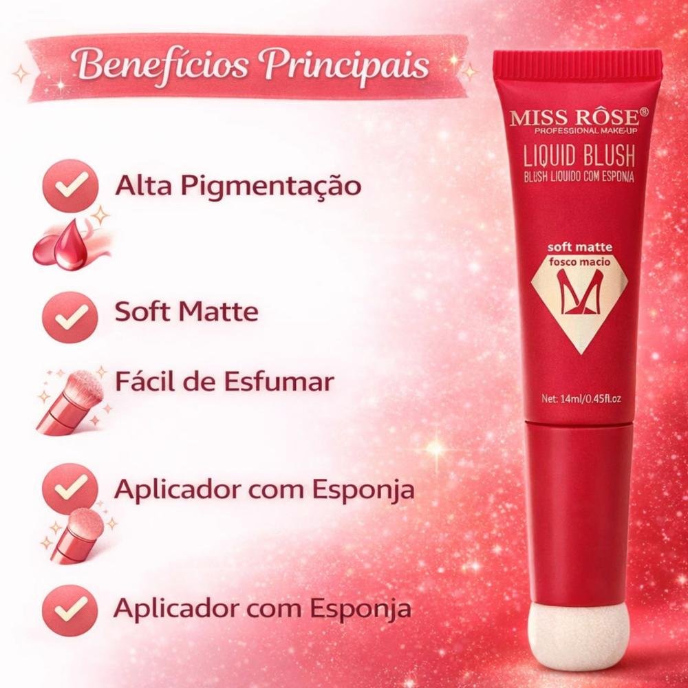 Blush Líquido Com Esponja Miss Rôse Fosco Macio 02 14ml Cor 02 2