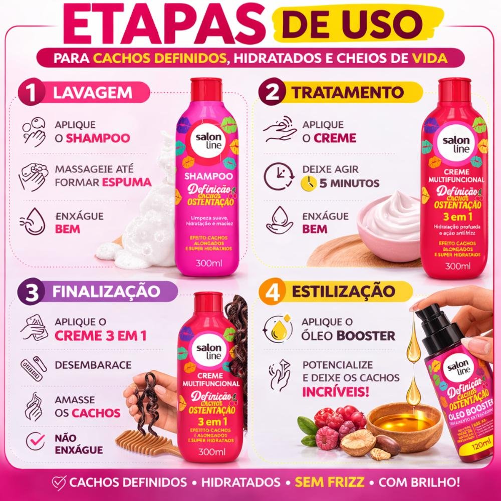 Kit Salon Line Definição Cachos Ostentação: Shampoo e Creme Multifuncional + Óleo Booster ÚNICO 7