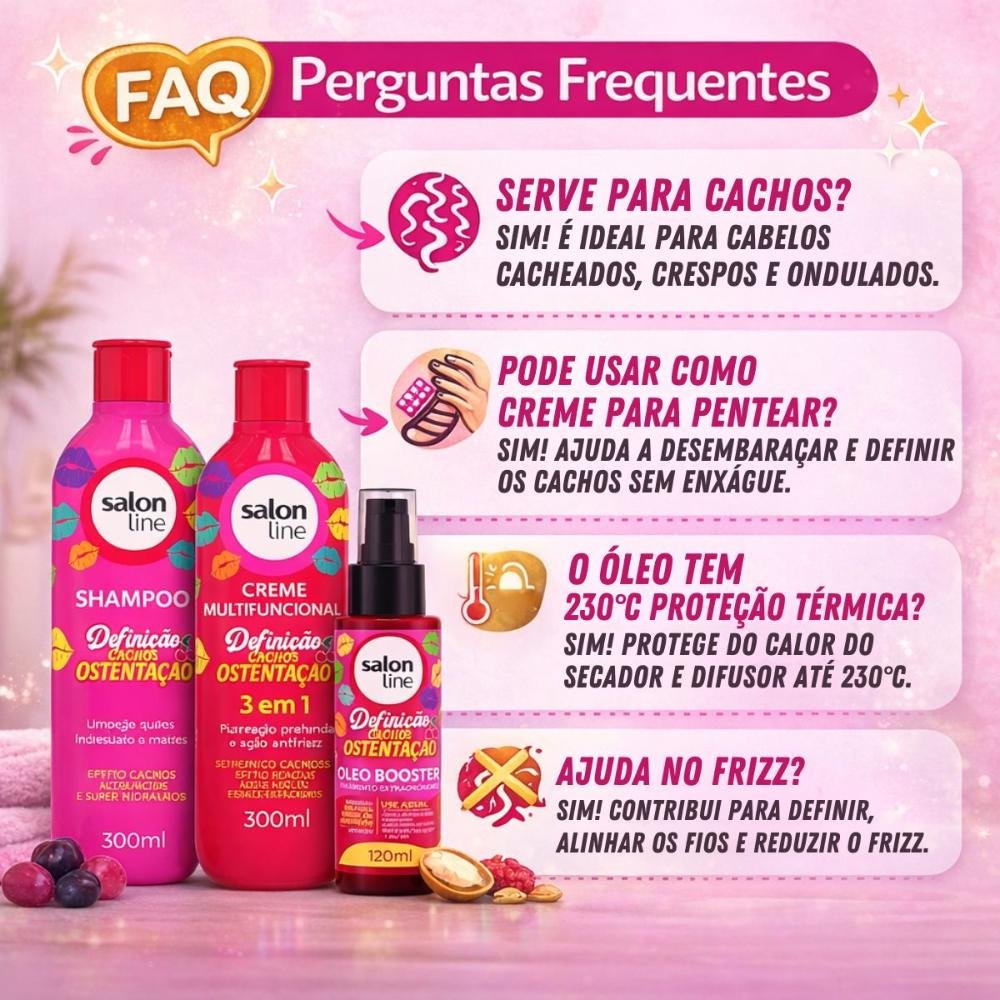 Kit Salon Line Definição Cachos Ostentação: Shampoo e Creme Multifuncional + Óleo Booster ÚNICO 8
