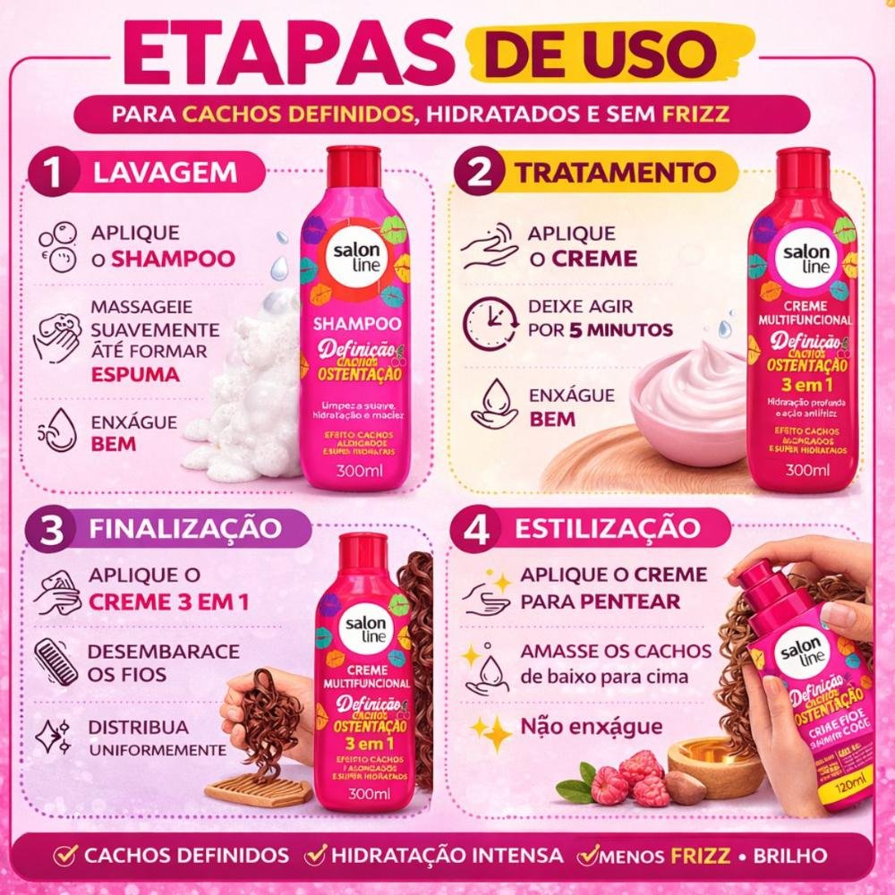 Kit Salon Line Definição Cachos Ostentação: Shampoo e Creme Multifuncional + Creme Pentear 300ml ÚNICO 5