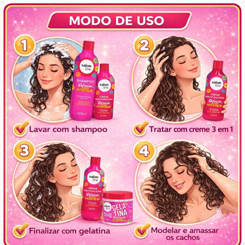 Kit Salon Line Definição Cachos Ostentação: Shampoo e Creme Multifuncional + Gelatina 550g ÚNICO 6