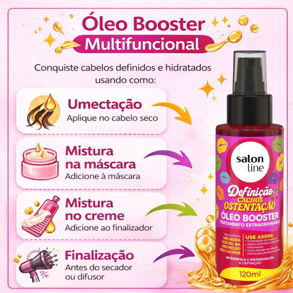 Kit Salon Line Definição Cachos Ostentação: Shampoo e Creme Multifuncional + Gelatina e Óleo Booster ÚNICO 3