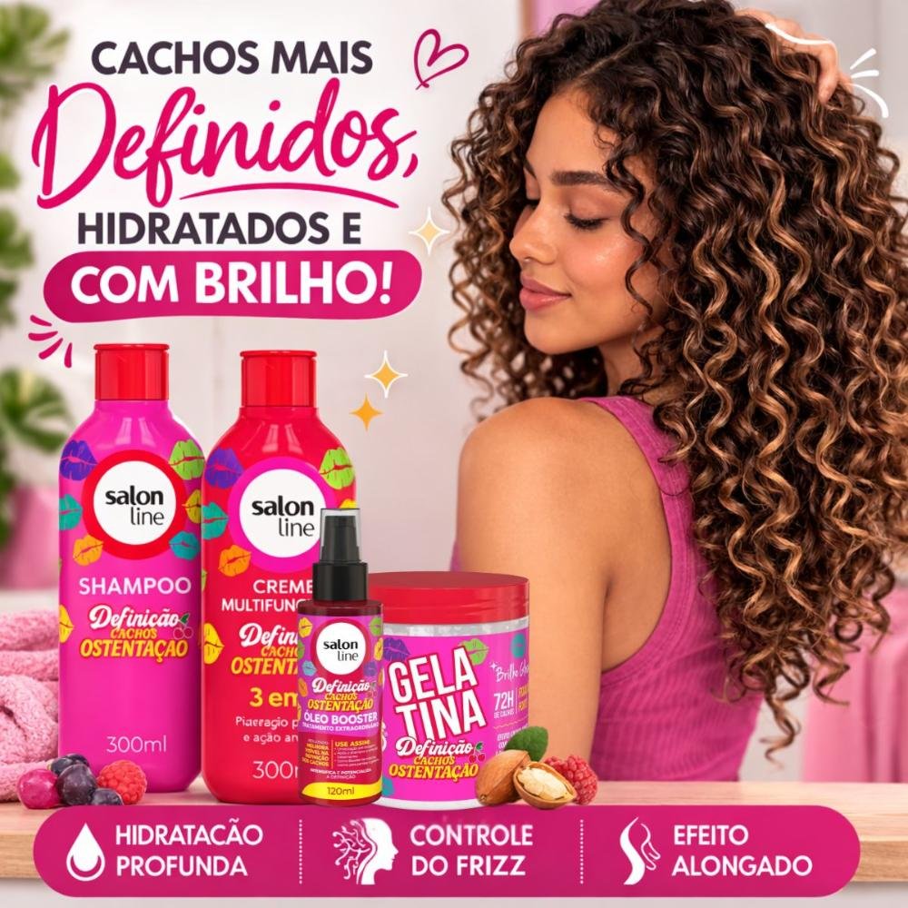 Kit Salon Line Definição Cachos Ostentação: Shampoo e Creme Multifuncional + Gelatina e Óleo Booster ÚNICO 4