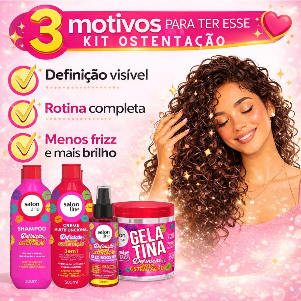 Kit Salon Line Definição Cachos Ostentação: Shampoo e Creme Multifuncional + Gelatina e Óleo Booster ÚNICO 5