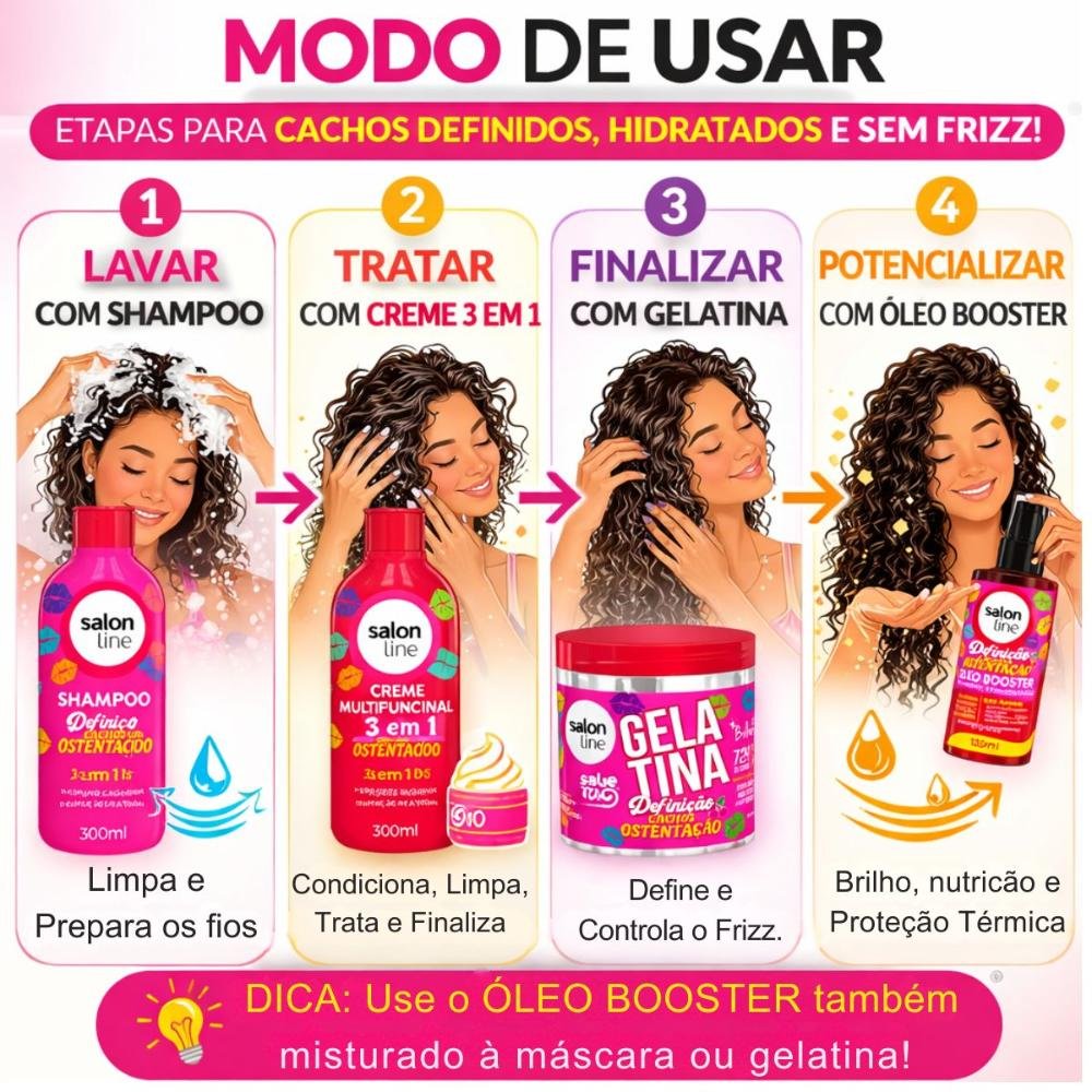 Kit Salon Line Definição Cachos Ostentação: Shampoo e Creme Multifuncional + Gelatina e Óleo Booster ÚNICO 6