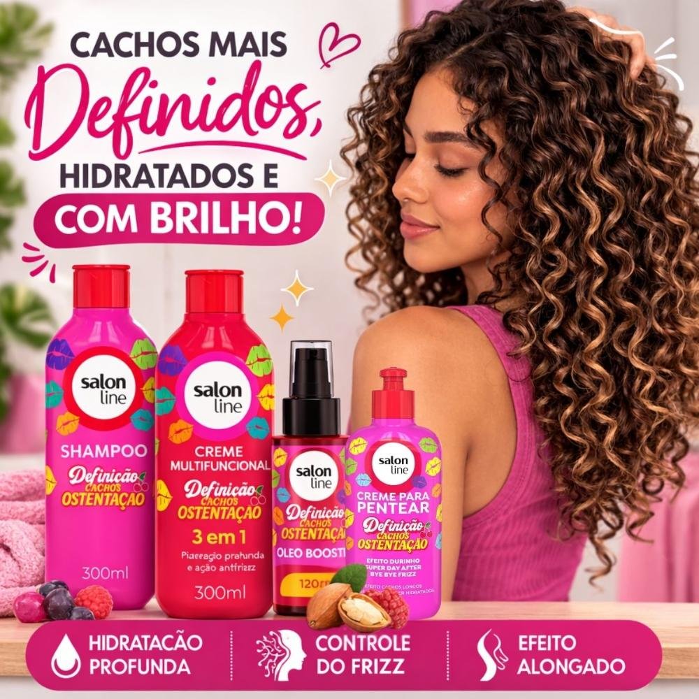 Kit Salon Line Definição Cachos Ostentação: Shampoo e Creme Multifuncional + Creme Pentear 300ml e Óleo Booster ÚNICO 4