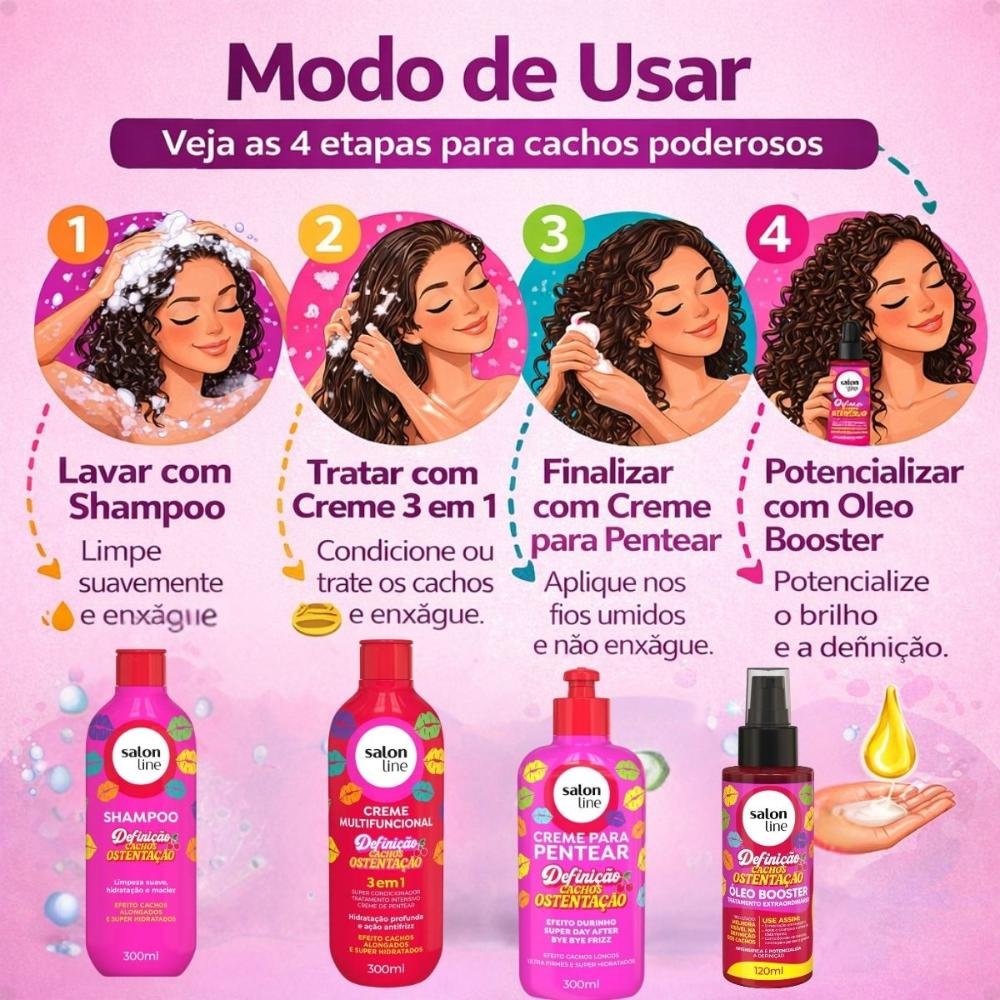 Kit Salon Line Definição Cachos Ostentação: Shampoo e Creme Multifuncional + Creme Pentear 300ml e Óleo Booster ÚNICO 6