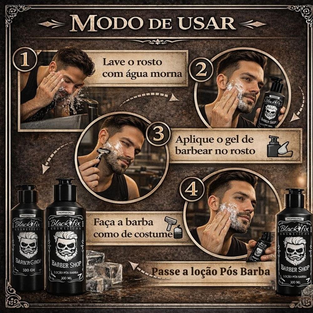 Kit Black Fix Barber Shop: Loção Pós Barba 300ml e Gel De Barbear 300g ÚNICO 6
