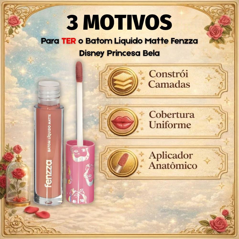 Batom Líquido Matte Fenzza Disney Princesa Bela Dis108 Bela 5
