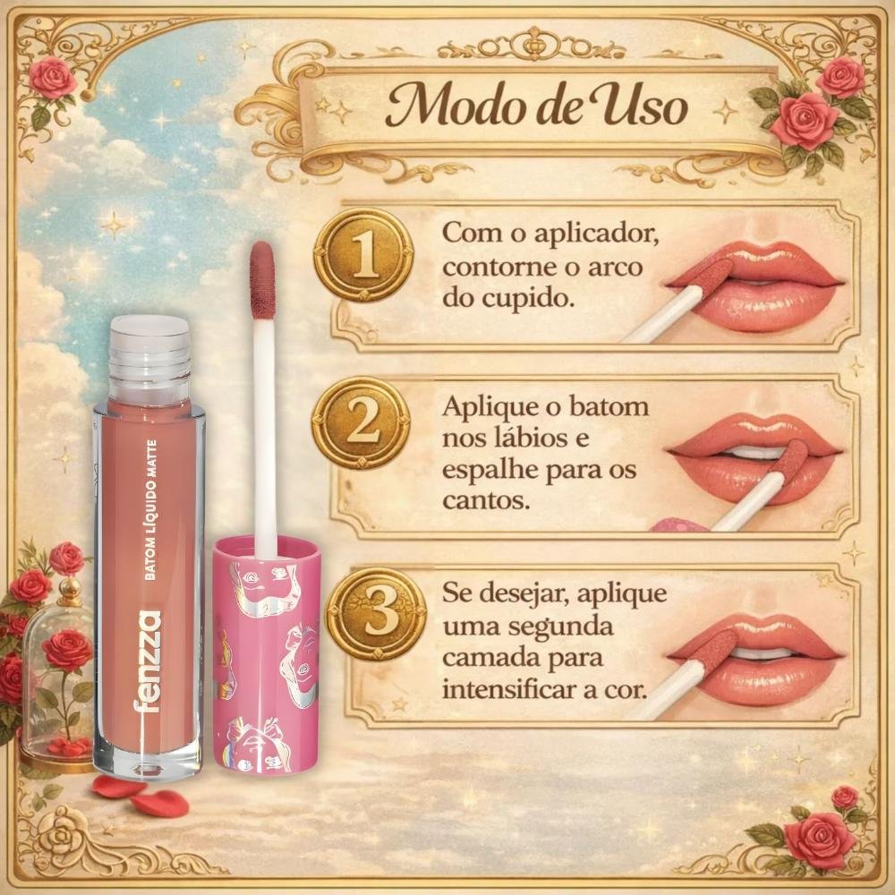 Batom Líquido Matte Fenzza Disney Princesa Bela Dis108 Bela 6